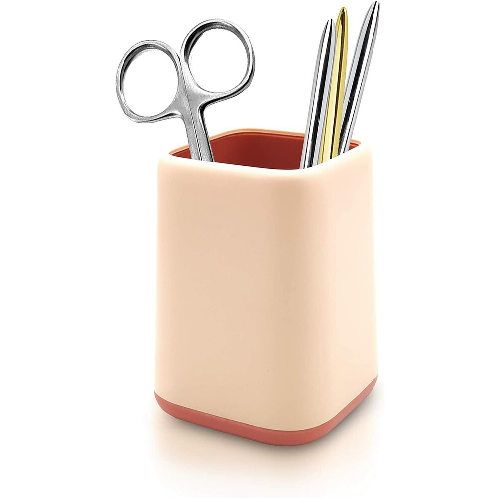 Pen Holder, Two-Tone Cute Pencil Cup Makeup Brush Holder, Durable - Beige Brown